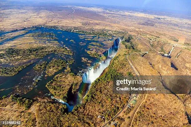 Aerial view of Victoria Falls Zimbabwe with rainbow spanning across the Livingstone border