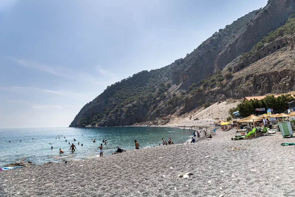 Agia Roumeli beach with turquoise Libyan Sea waters at the end of Samaria Gorge hike