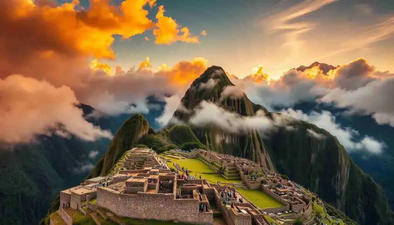 Machu Picchu, Peru at golden hour with stone ruins glowing in sunset light against green mountains