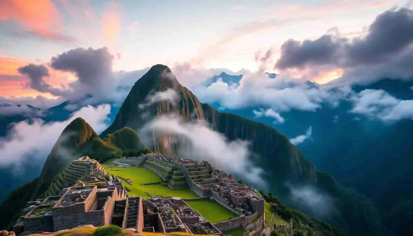 Machu Picchu, Peru shrouded in morning mist with Huayna Picchu rising behind