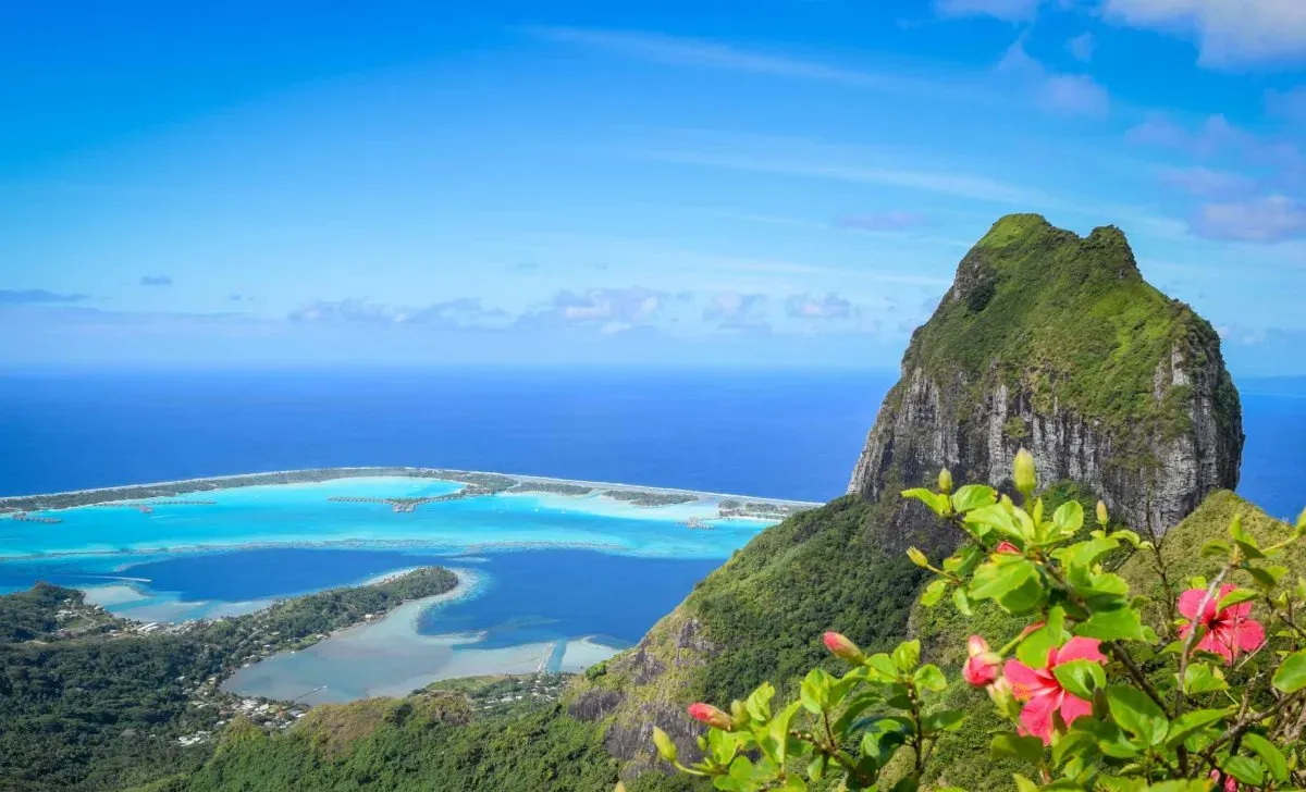 Mount Otemanu rises behind tropical flowers with turquoise lagoon