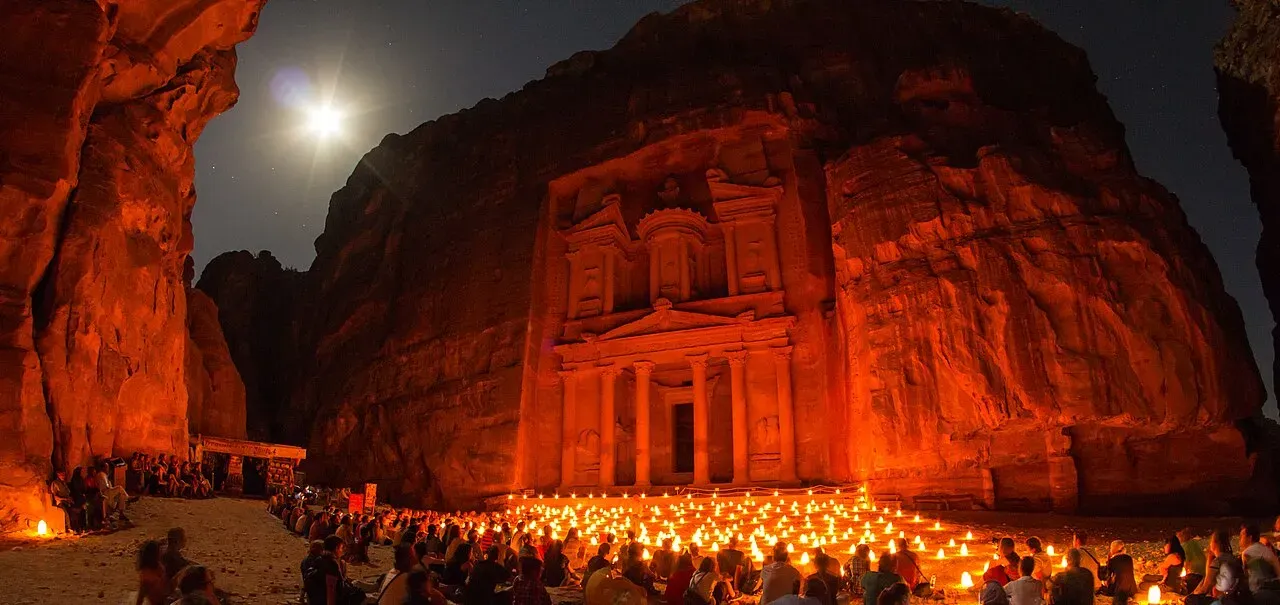 Petra by Night at Petra Jordan with the Treasury illuminated by hundreds of candles