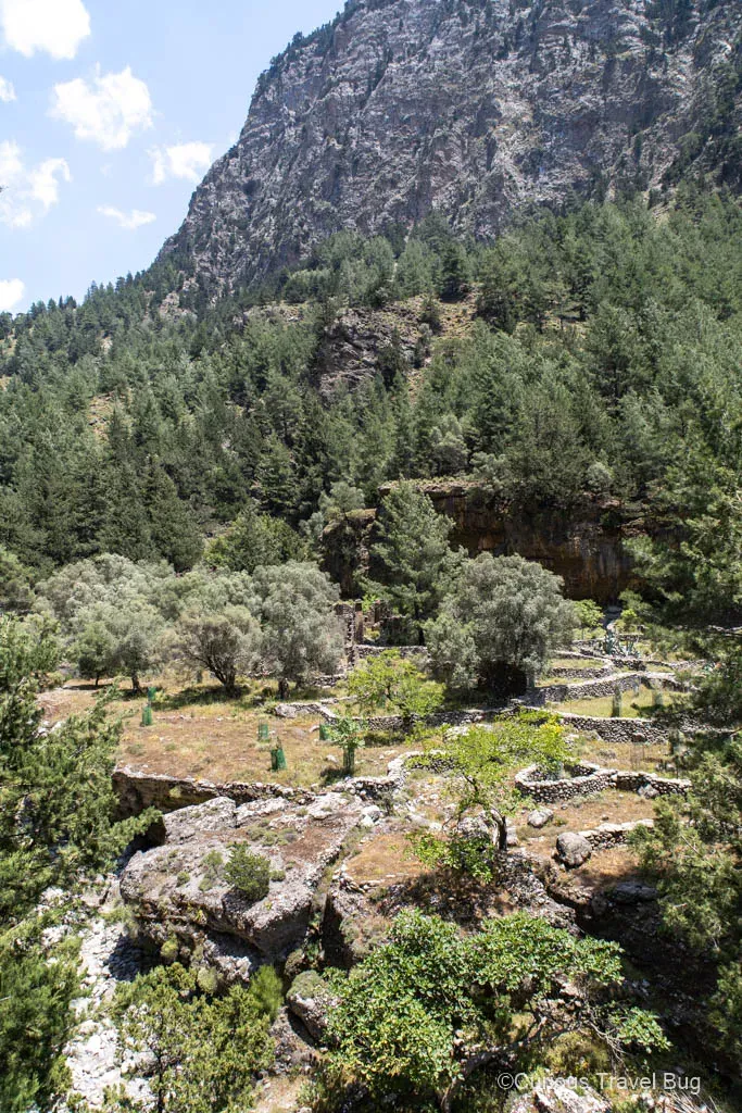 Stone ruins of the abandoned Samaria village with White Mountains backdrop