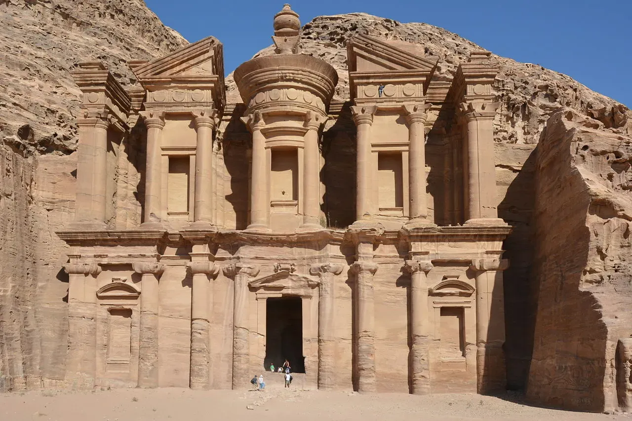 The massive Monastery Ad Deir at Petra Jordan carved into the rock face