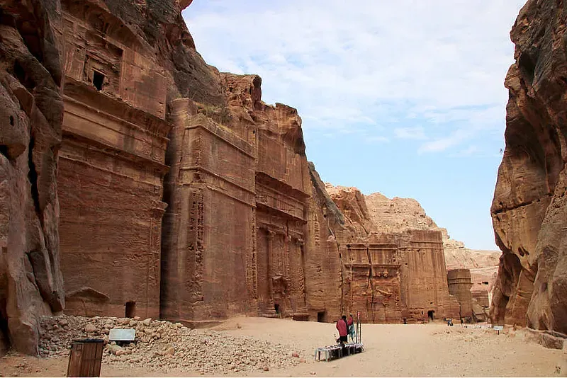 The Street of Facades at Petra Jordan with rows of ancient tomb facades