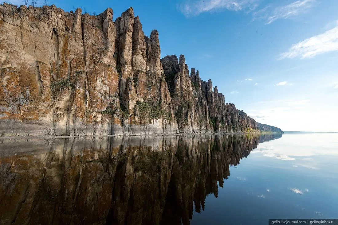 Aerial view of Lena Pillars towering above the river with taiga forest