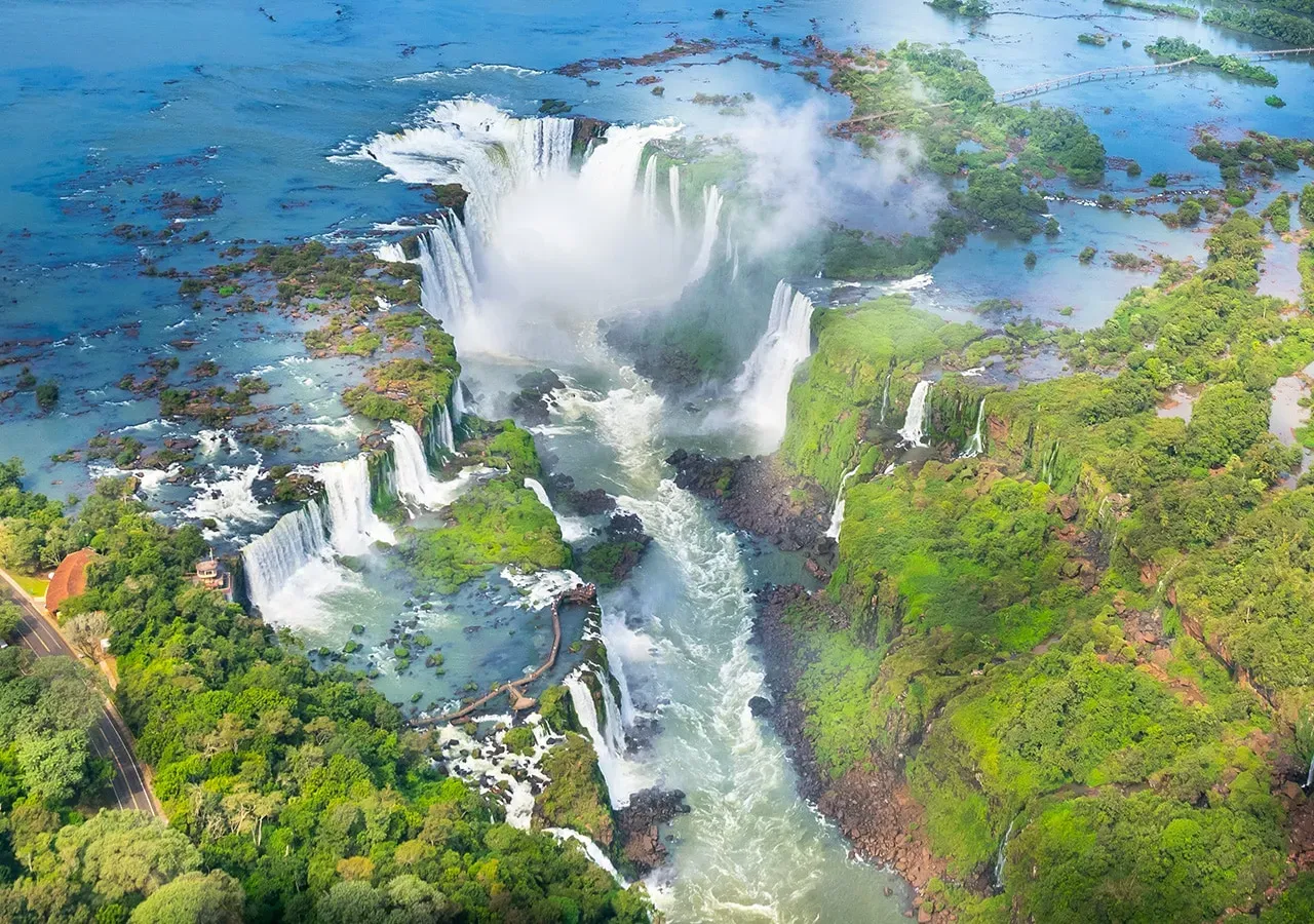 Aerial view of Devil's Throat at Iguazu Falls Argentina showing the immense U-shaped chasm