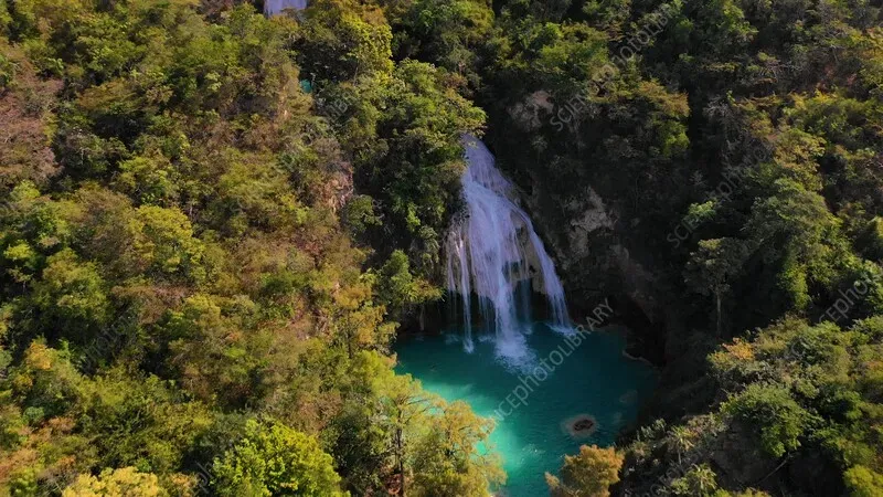 Aerial view of El Chiflón waterfall system surrounded by dense Chiapas jungle