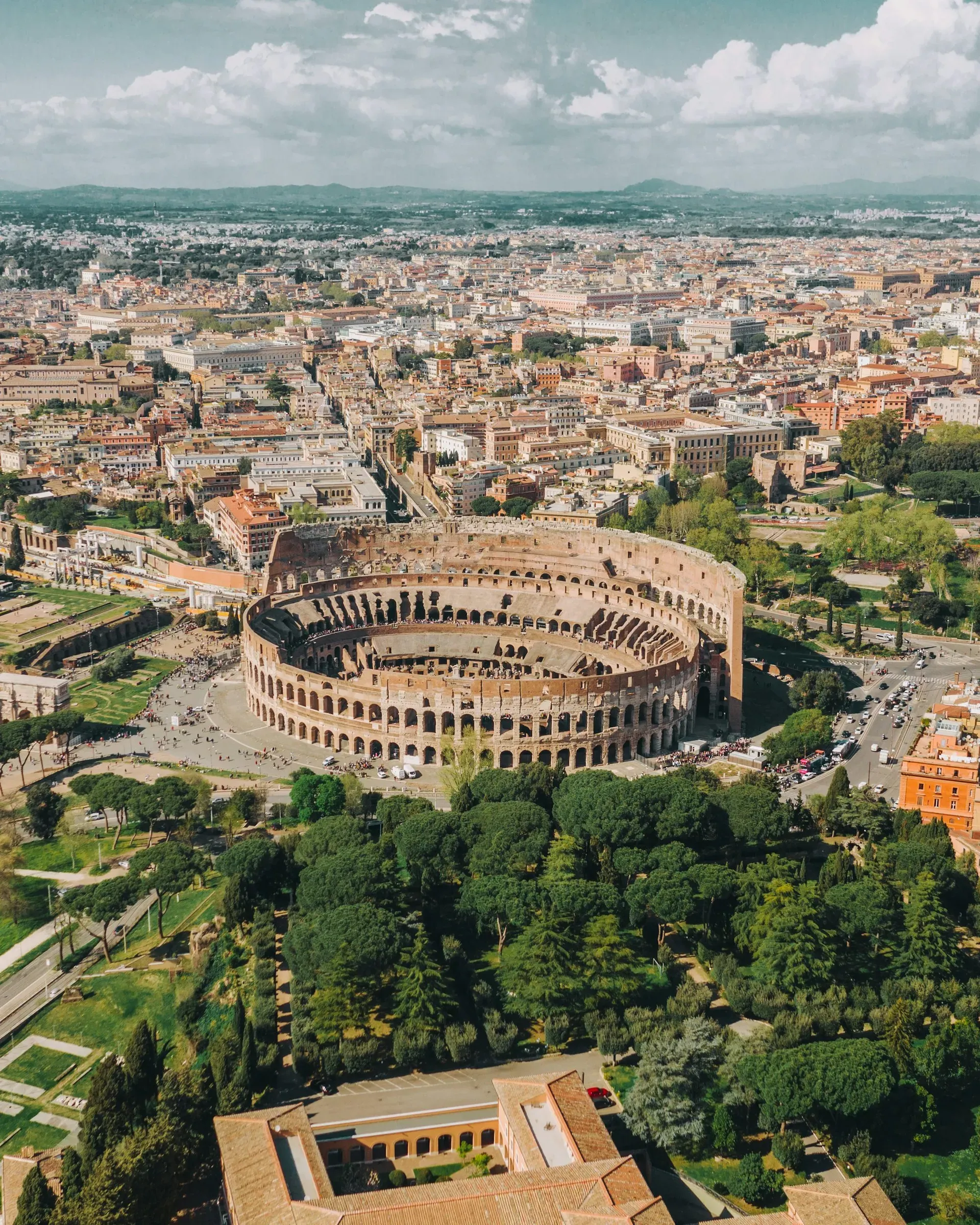 Aerial view of the Colosseum showing its elliptical shape