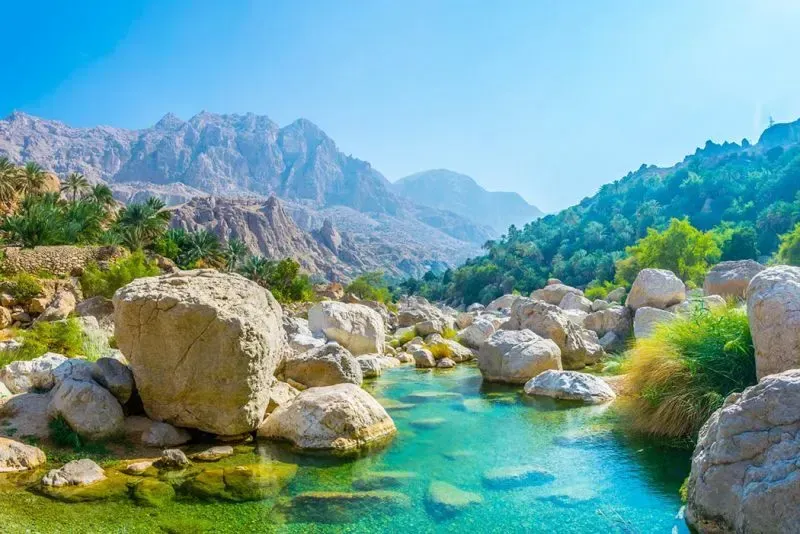 Aerial view of turquoise stream winding through Wadi Shab's rocky valley
