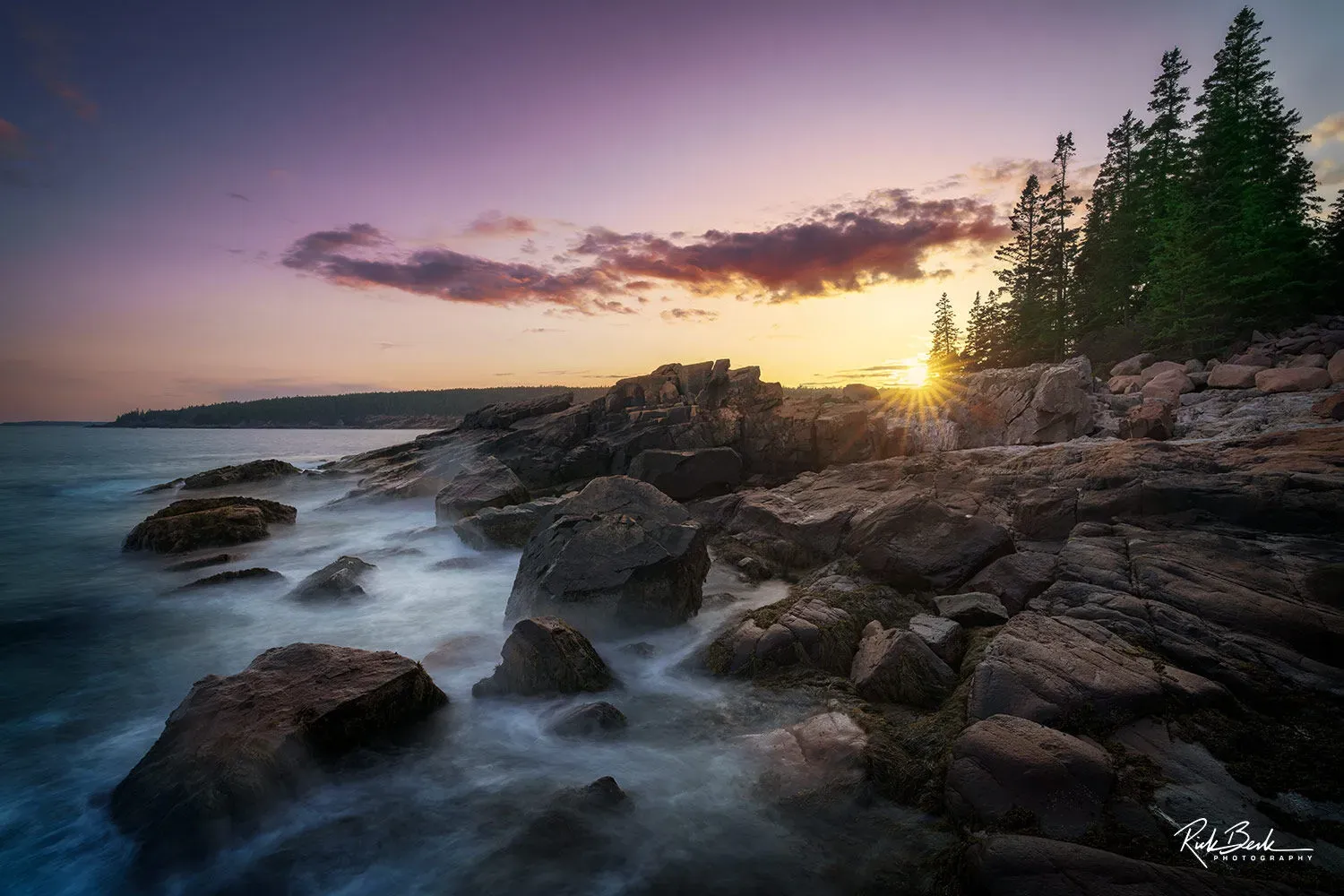 Sunset over rocky shoreline with pine trees silhouetted in Acadia National Park United States