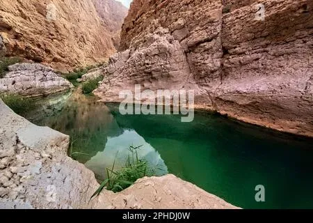 Clear turquoise stream flowing through desert canyon in Wadi Shab Oman