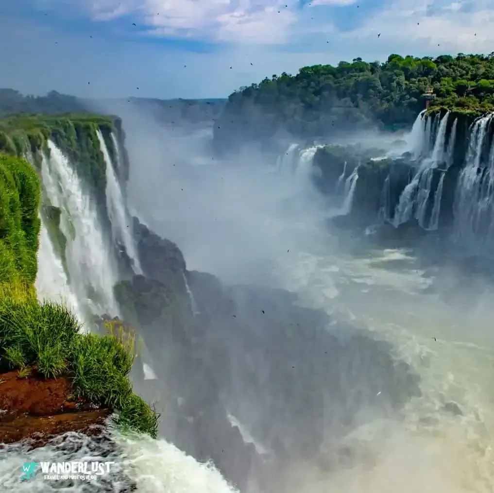 Close-up view of Devil's Throat waterfall at Iguazu Falls Argentina with powerful cascading water