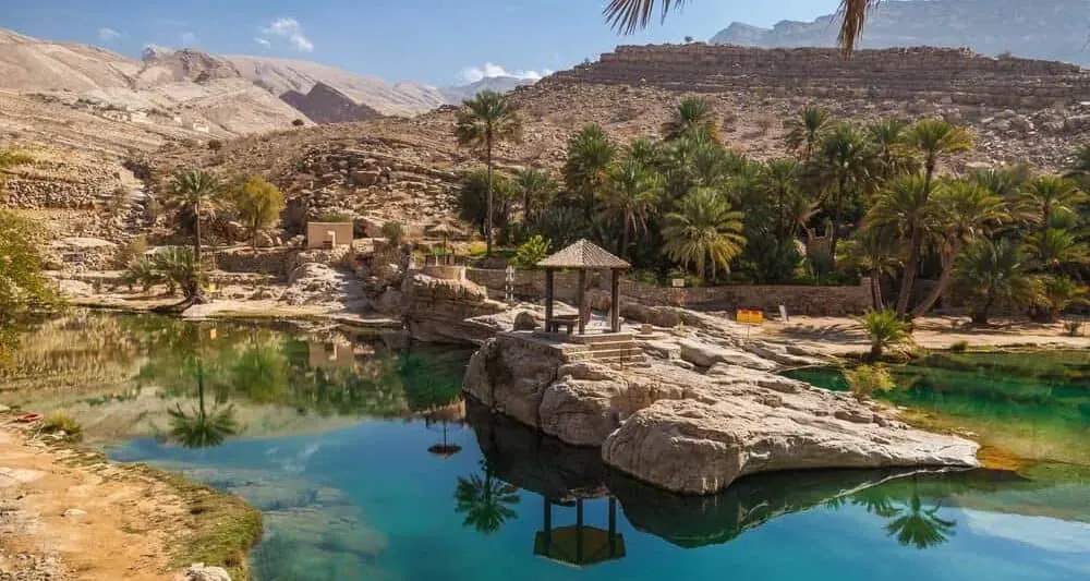 Turquoise natural pools with palm trees and shaded areas