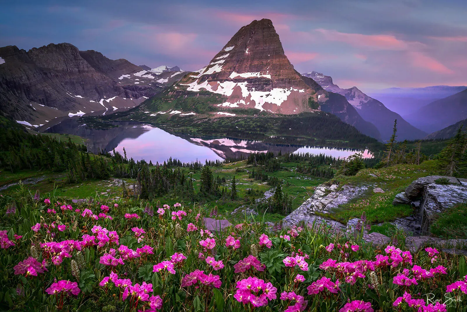 Hidden Lake with snow-capped mountains reflected in calm waters and pink wildflowers in foreground