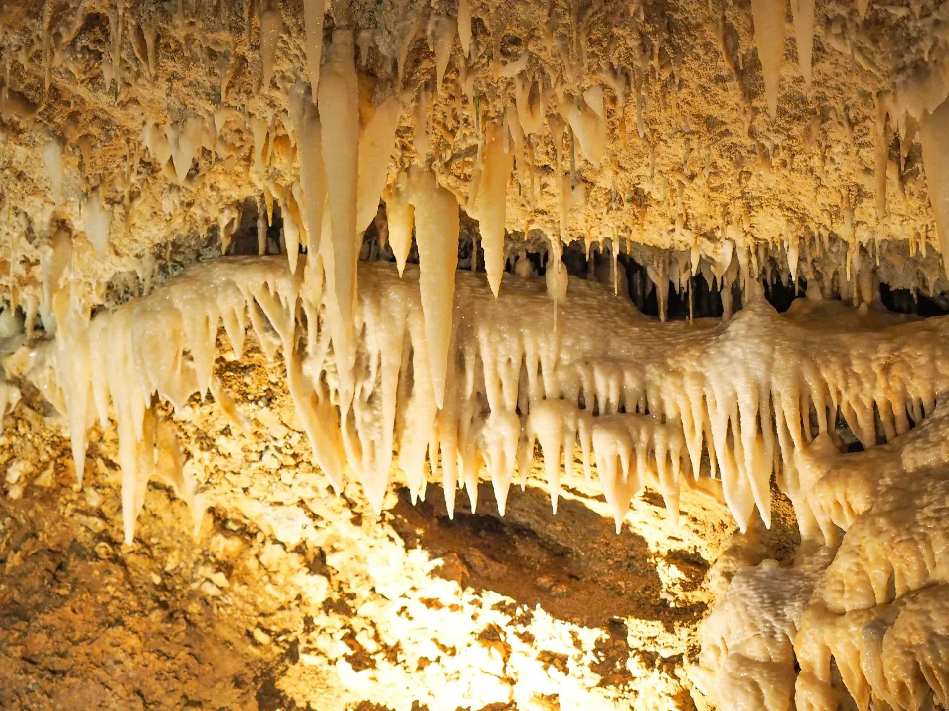 Stalactite and stalagmite formations creating natural columns