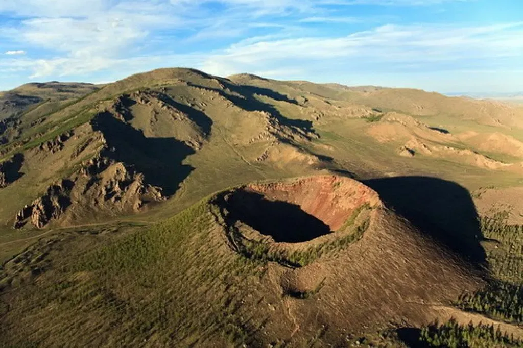 Khorgo Volcano Mongolia crater with green grassy slopes