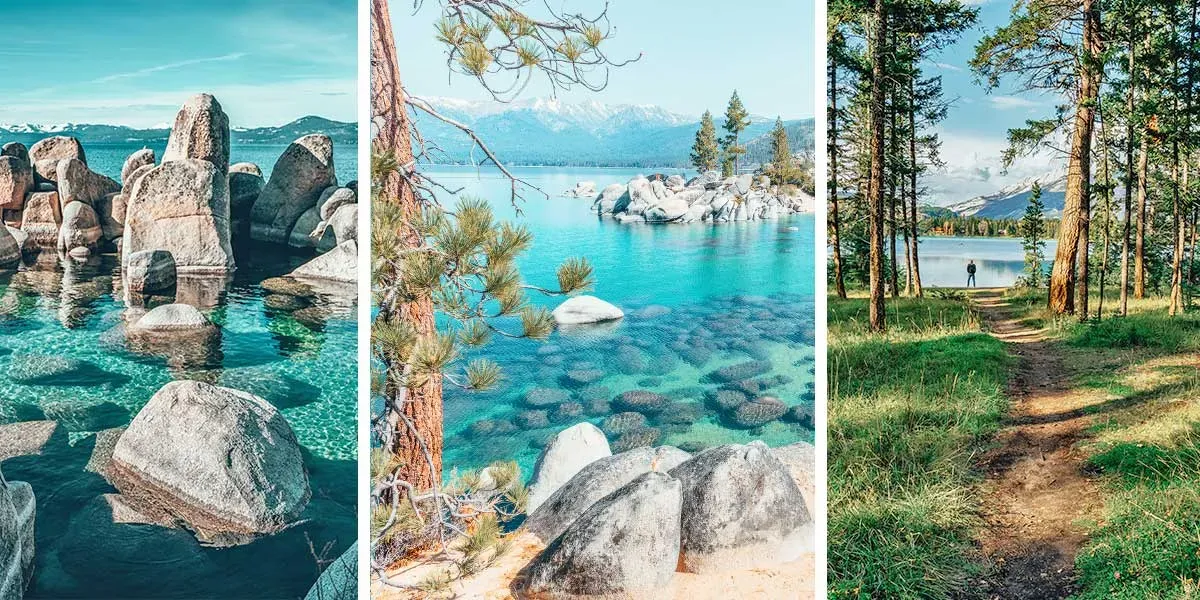 Lush green trees surrounding a serene lake with clear blue water and snow-capped mountains in the background