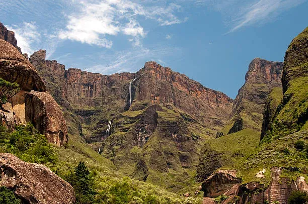 Multiple tiers of Tugela Falls cascading down cliffs
