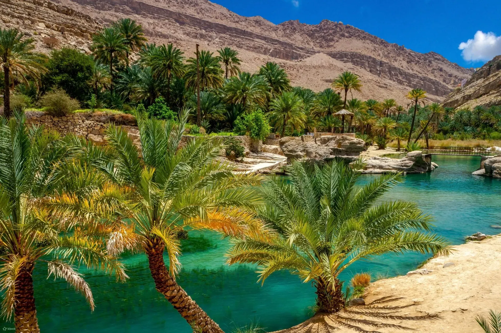 Overhead view of Wadi Bani Khalid oasis with turquoise pools