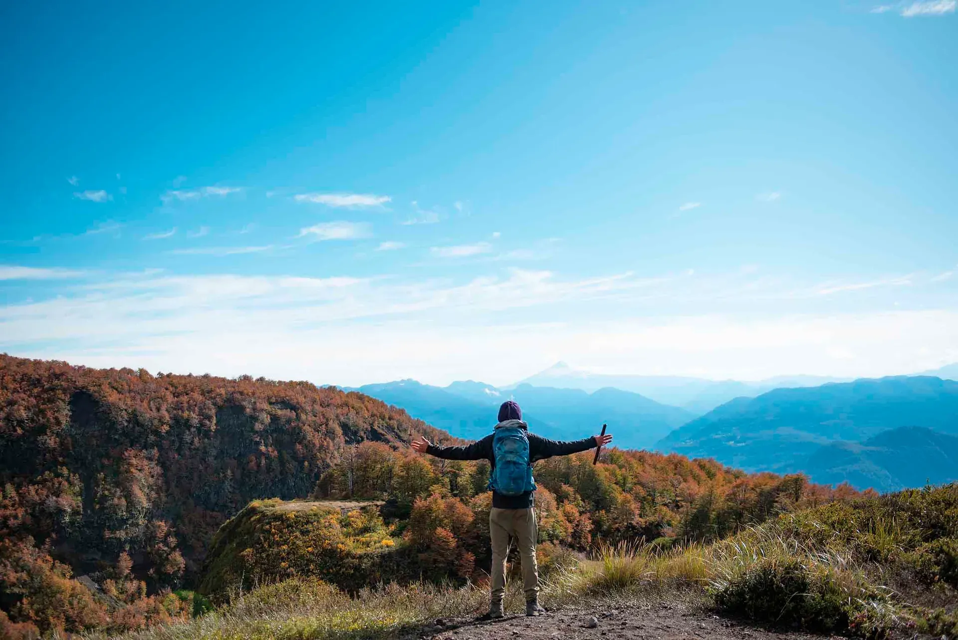 Panoramic view of Huilo Huilo Biological Reserve with colorful foliage and the Andes Mountains