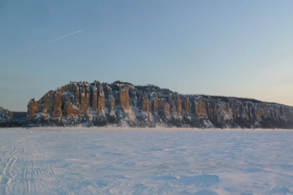 Snow-covered Lena Pillars in winter with frozen river