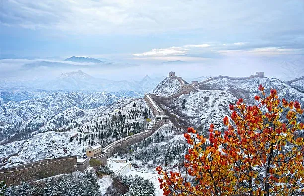 Jinshanling Great Wall covered in fresh snow with red leaves in foreground