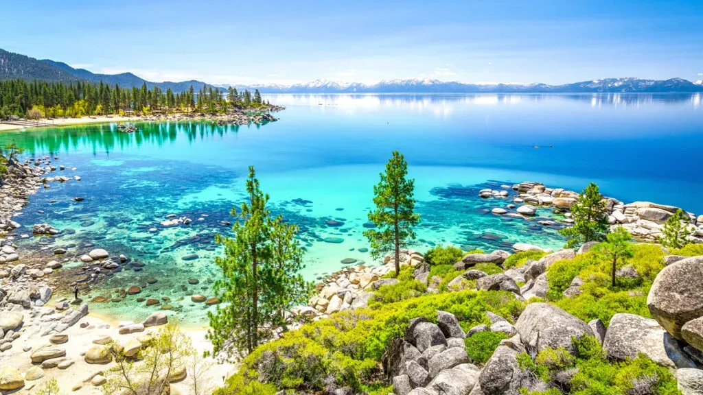 Turquoise waters of Sand Harbor in Lake Tahoe revealing submerged rocks and sandy bottom