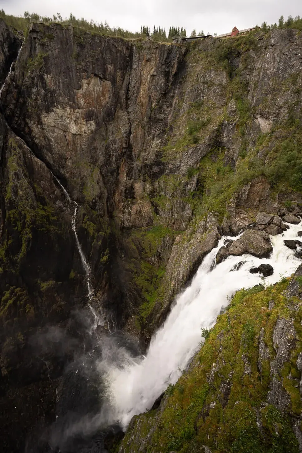 Vøringsfossen from Fossatromma viewpoint with Fossli Hotel on cliff edge