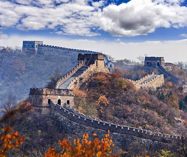 Mutianyu Great Wall watchtowers surrounded by yellow and orange autumn foliage