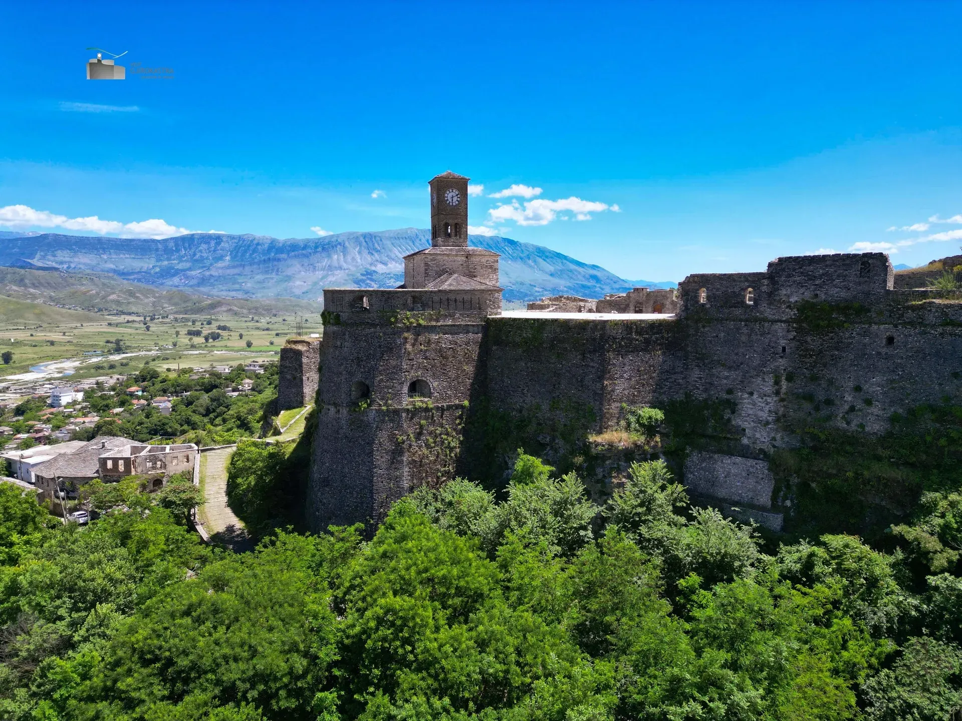 Aerial drone view of Gjirokastra Castle Albania showing courtyards and fortified walls