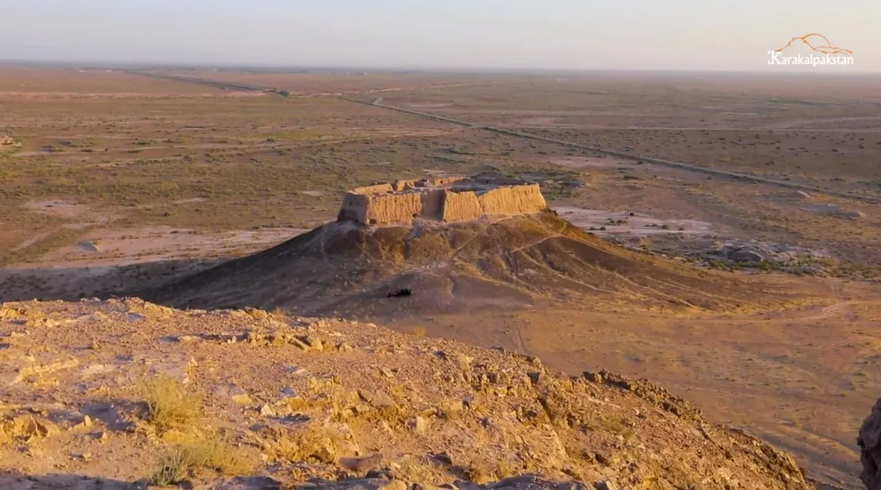 Aerial view of Ayaz Kala desert fortress ruins surrounded by the Kyzylkum Desert landscape in Uzbekistan