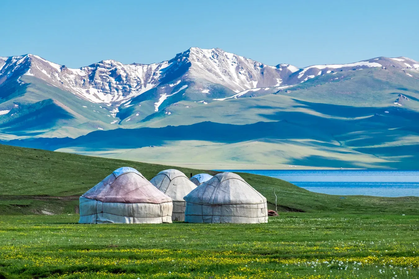 Traditional Kyrgyz yurt camp on the shores of Song Kol Lake with mountains stretching across the horizon