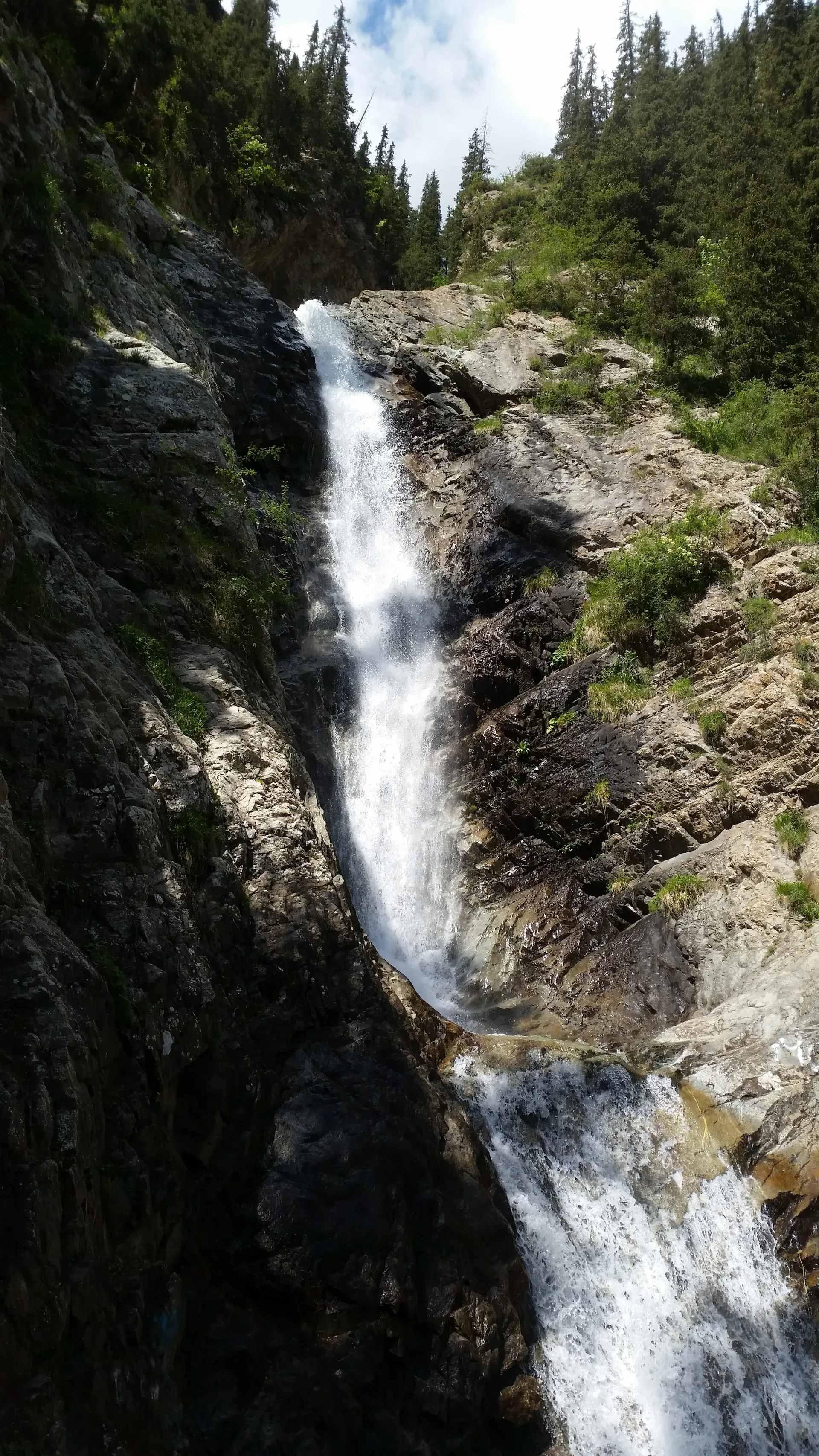 First tier of Barskoon Falls Kyrgyzstan flowing down rocky cliffs surrounded by evergreen forest