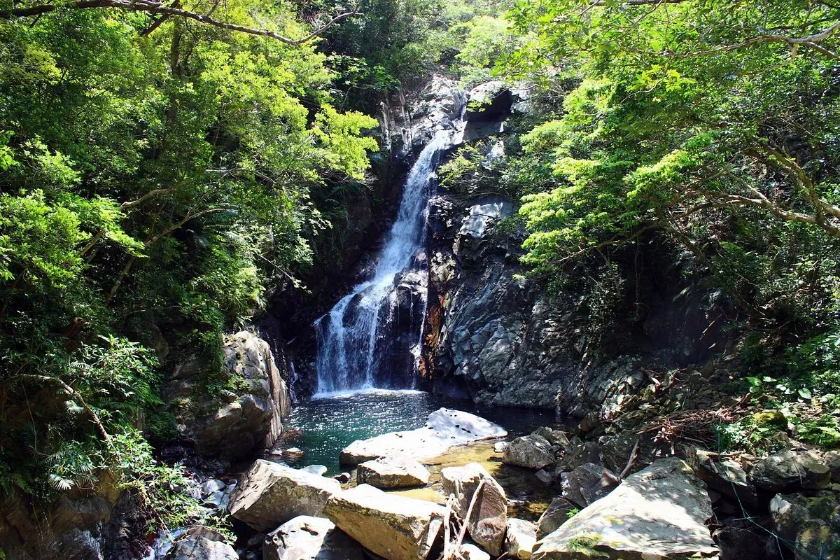 Hiji Waterfall cascades down a dark rocky cliff into a crystal-clear pool surrounded by dense jungle in Yanbaru National Park