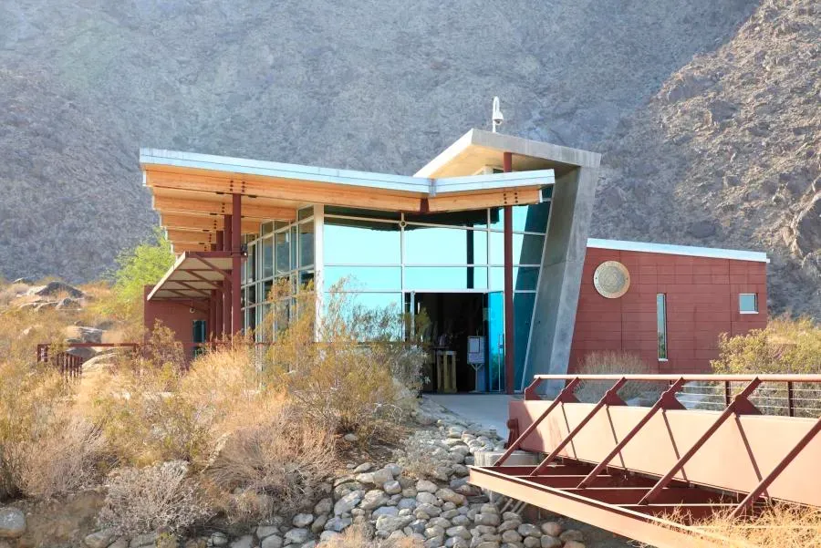 Mid-century modern entrance to Tahquitz Canyon visitor center with architectural desert design