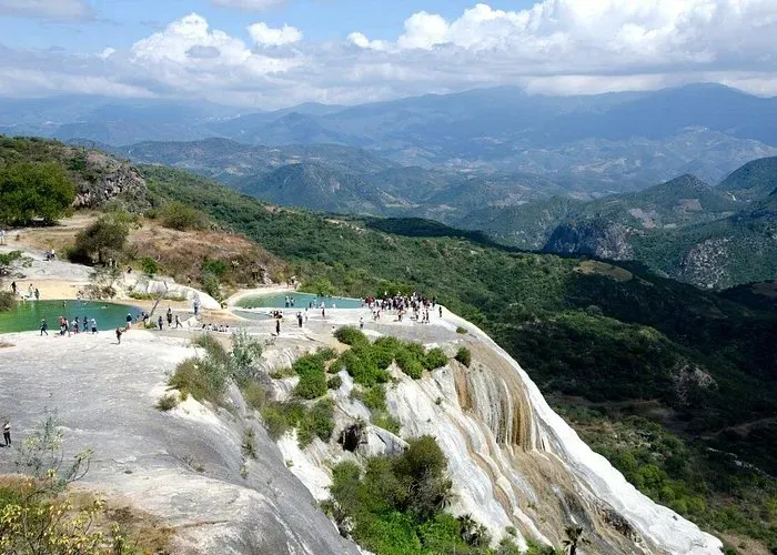 Panoramic view of Hierve el Agua Oaxaca Mexico with natural spring pools and white travertine terraces