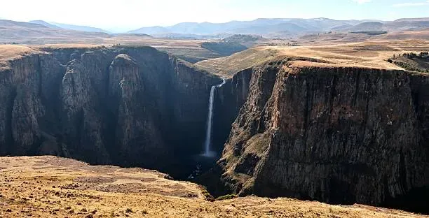 Panoramic view of Maletsunyane Gorge with Boalathapo Waterfall cascading into the canyon near Semonkong, Lesotho