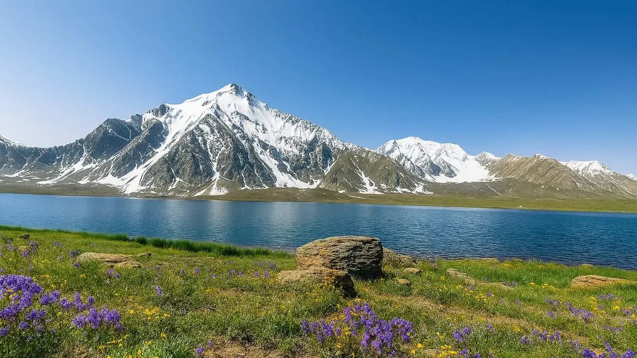 Karambar Lake Pakistan surrounded by wildflowers and mountains