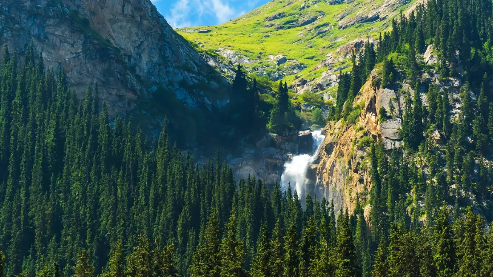 Barskoon Falls Kyrgyzstan cascading through rugged cliffs in the Tien Shan mountains