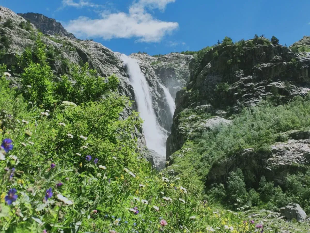 Shdugra Waterfall cascading down green cliffs with wildflowers