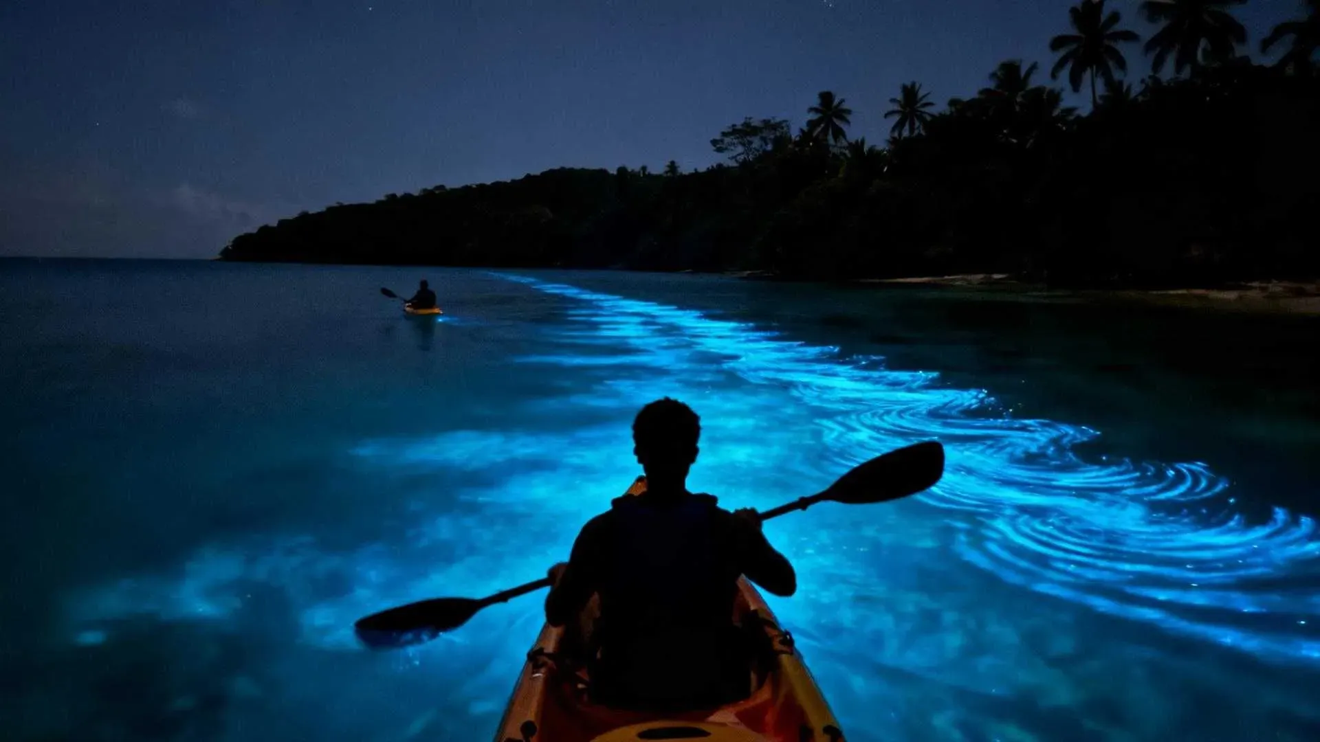Silhouette of kayaker paddling through glowing bioluminescent water at night