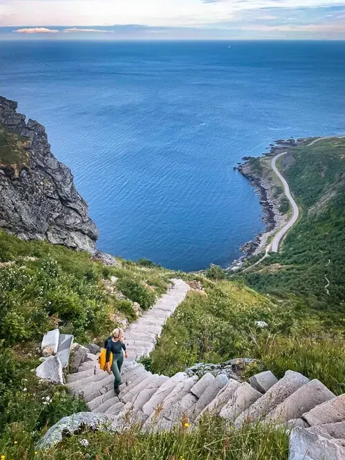 Steep stone staircase trail winding up Reinebringen mountain with expansive views of the Lofoten coast, Norway