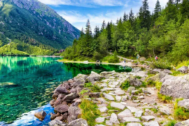 Summer view of Morskie Oko with bright green slopes, turquoise water, and distant snow-capped Tatra peaks