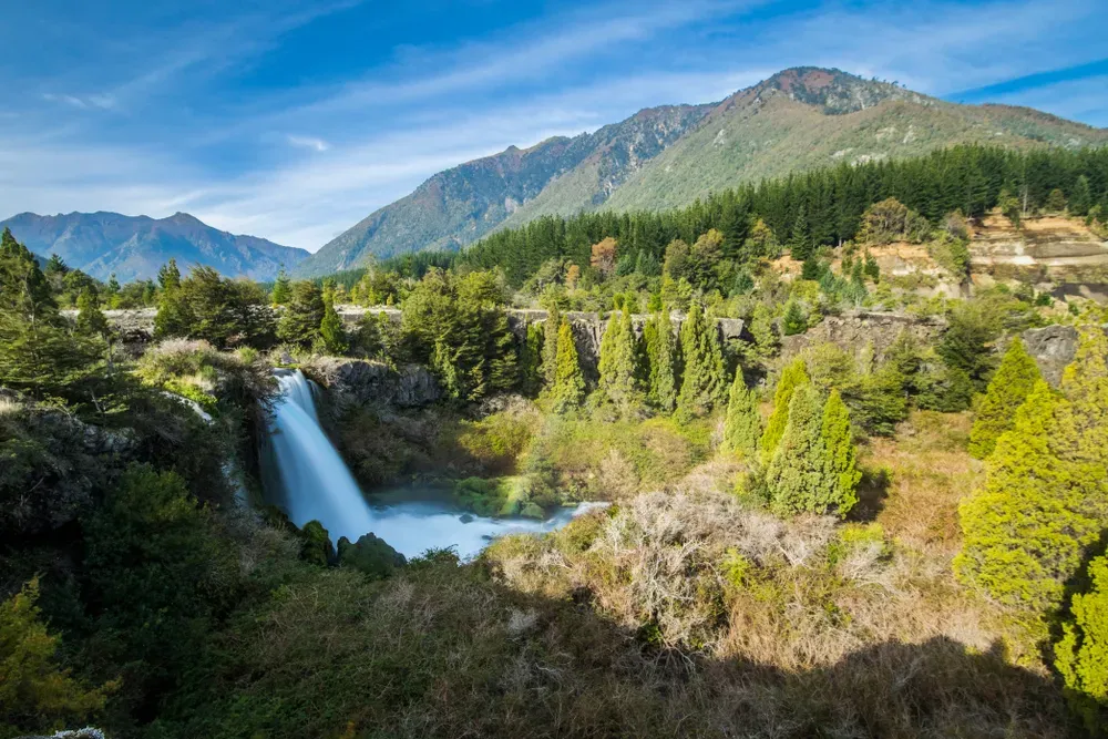 Truful Truful waterfall cascading through volcanic rock formations in Conguillío National Park Chile