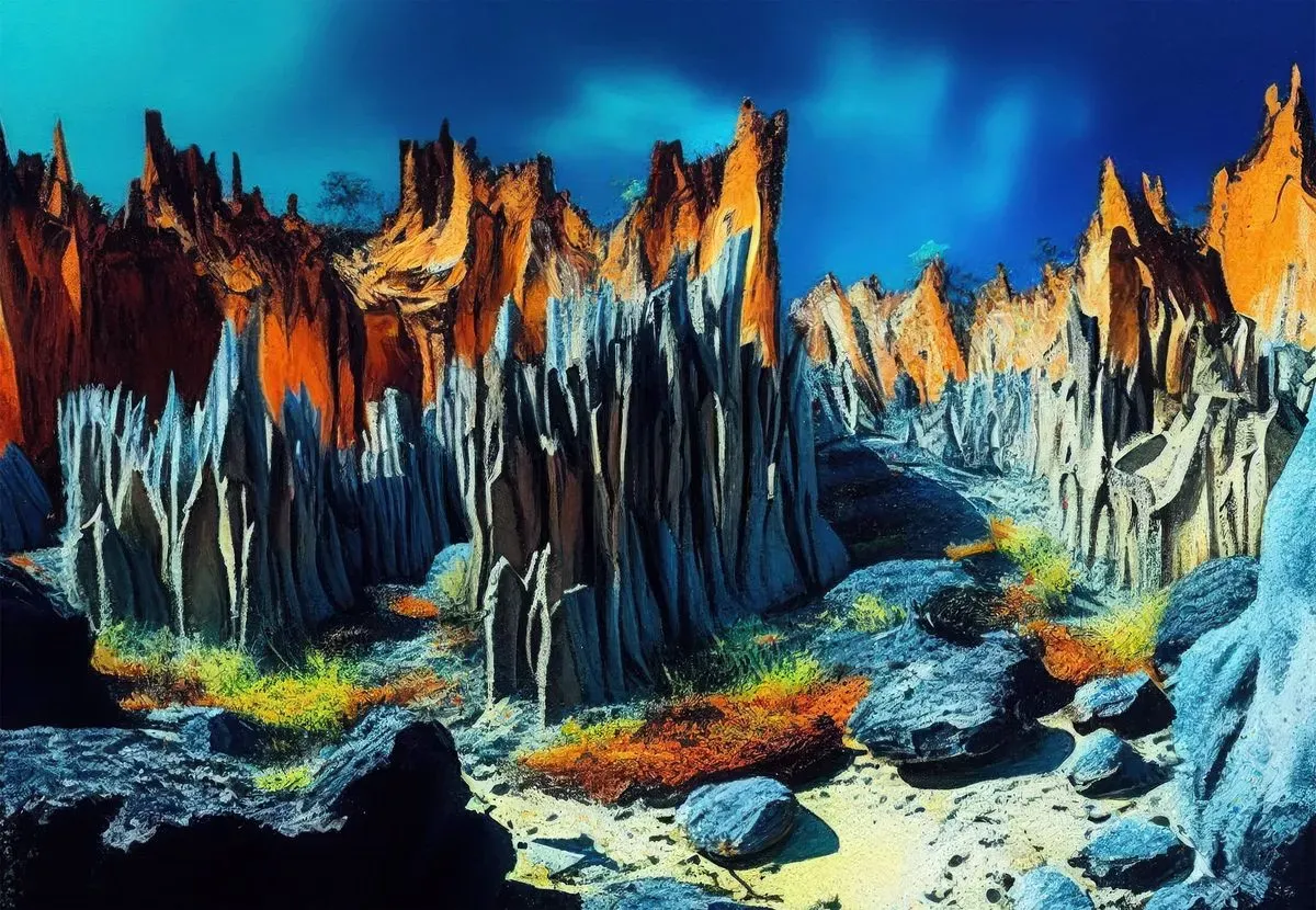 Tsingy de Bemaraha Madagascar stone forest with jagged limestone peaks and vegetation at the base