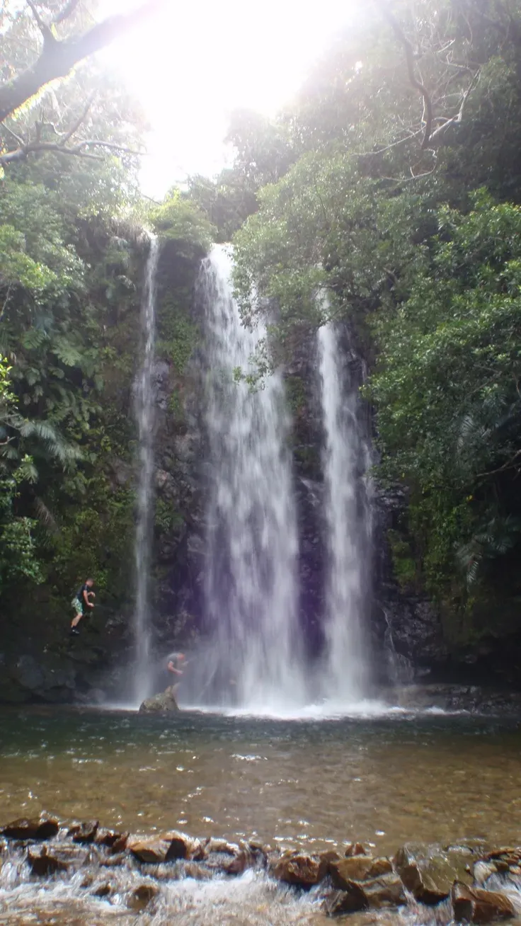 Swimmers cooling off in the pool beneath Tadake Falls