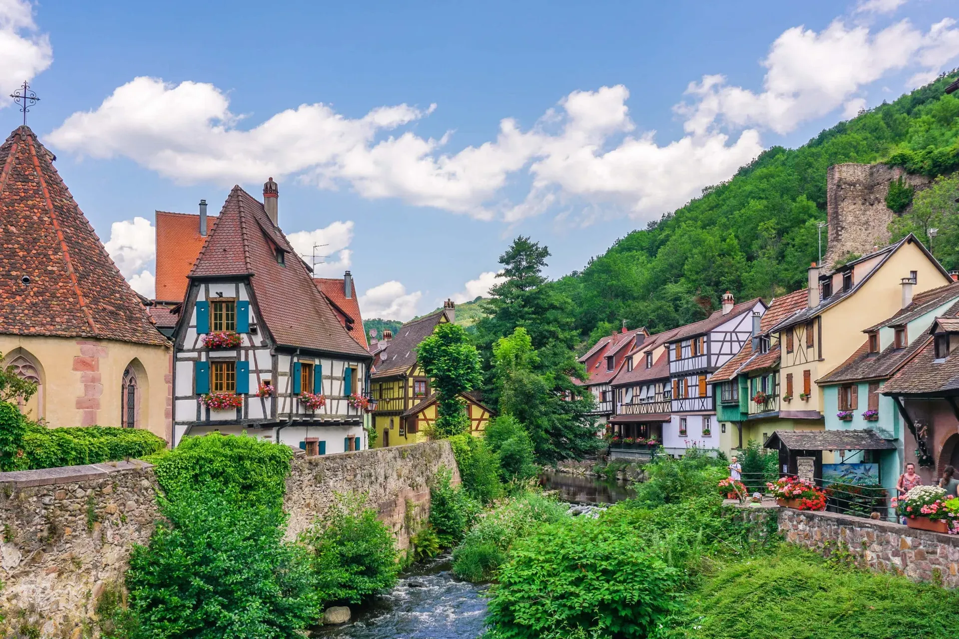 View from Kaysersberg Castle showing the medieval village with colorful half-timbered houses below