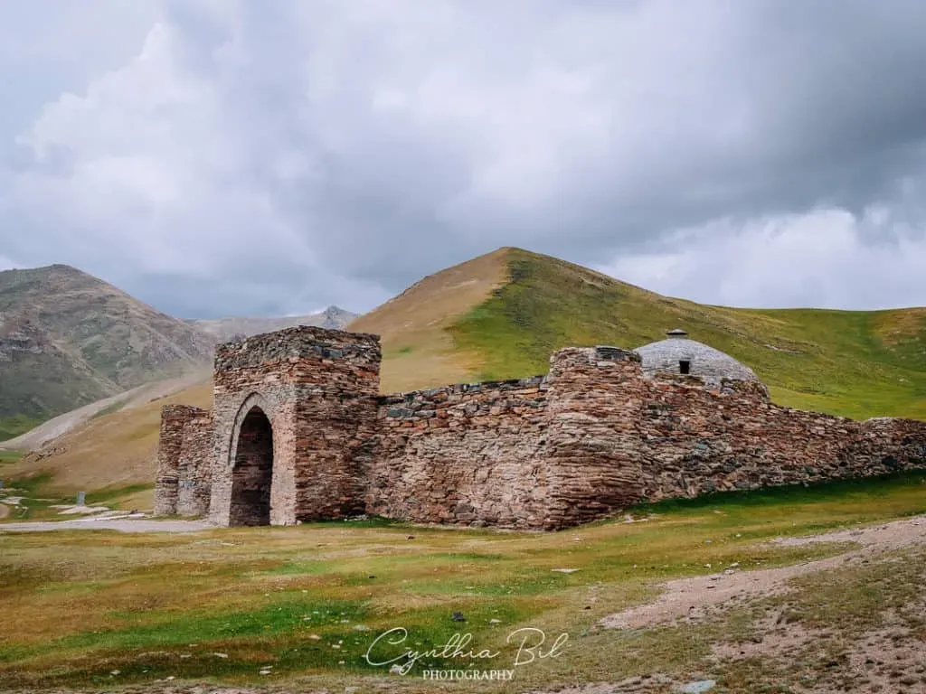 Close-up of the arched stone entrance and domed roof of the Tash Rabat caravanserai in Kyrgyzstan, with the protective metal covering visible above