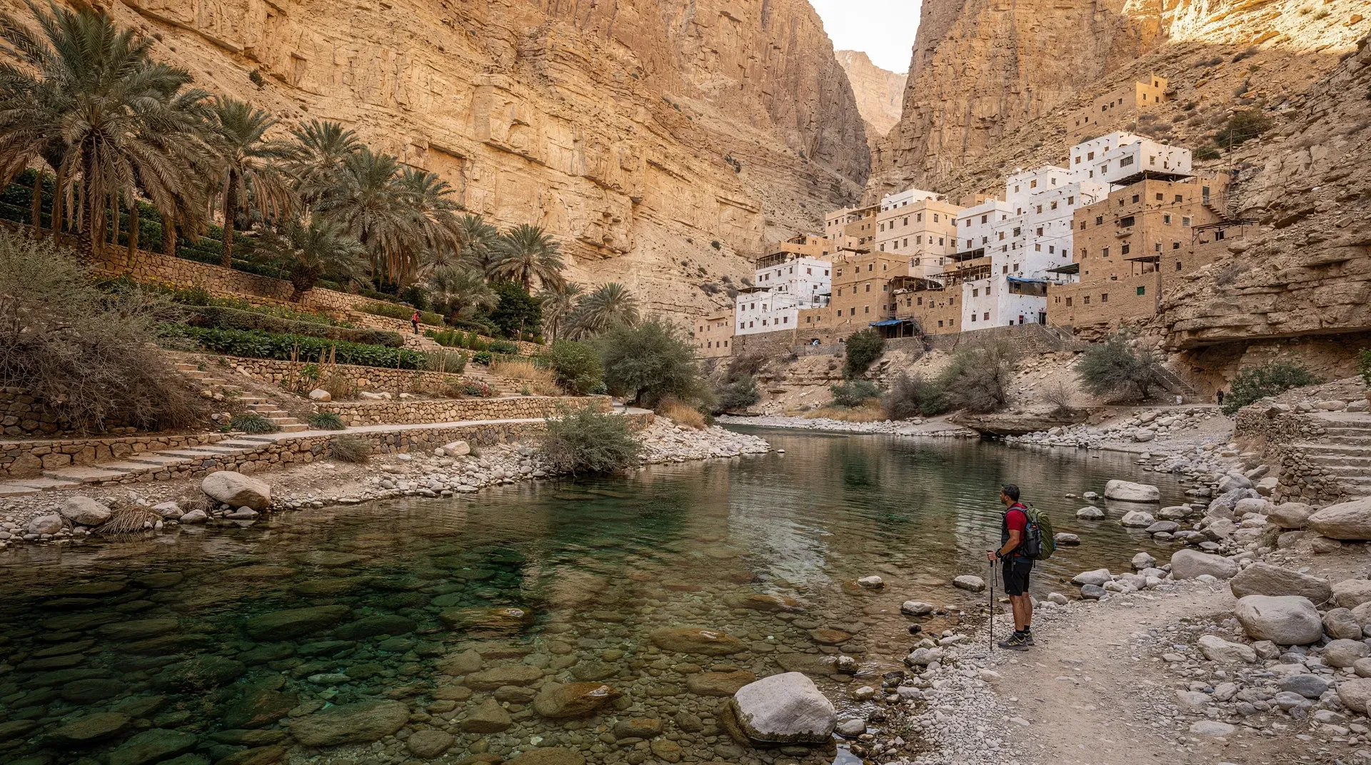 Steep rocky canyon walls covered in lush vegetation with a calm turquoise pool at the bottom in Wadi Tiwi